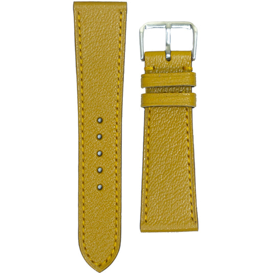 Yellow Alran goat leather watch strap with matching stitching and silver buckle, flat lay.