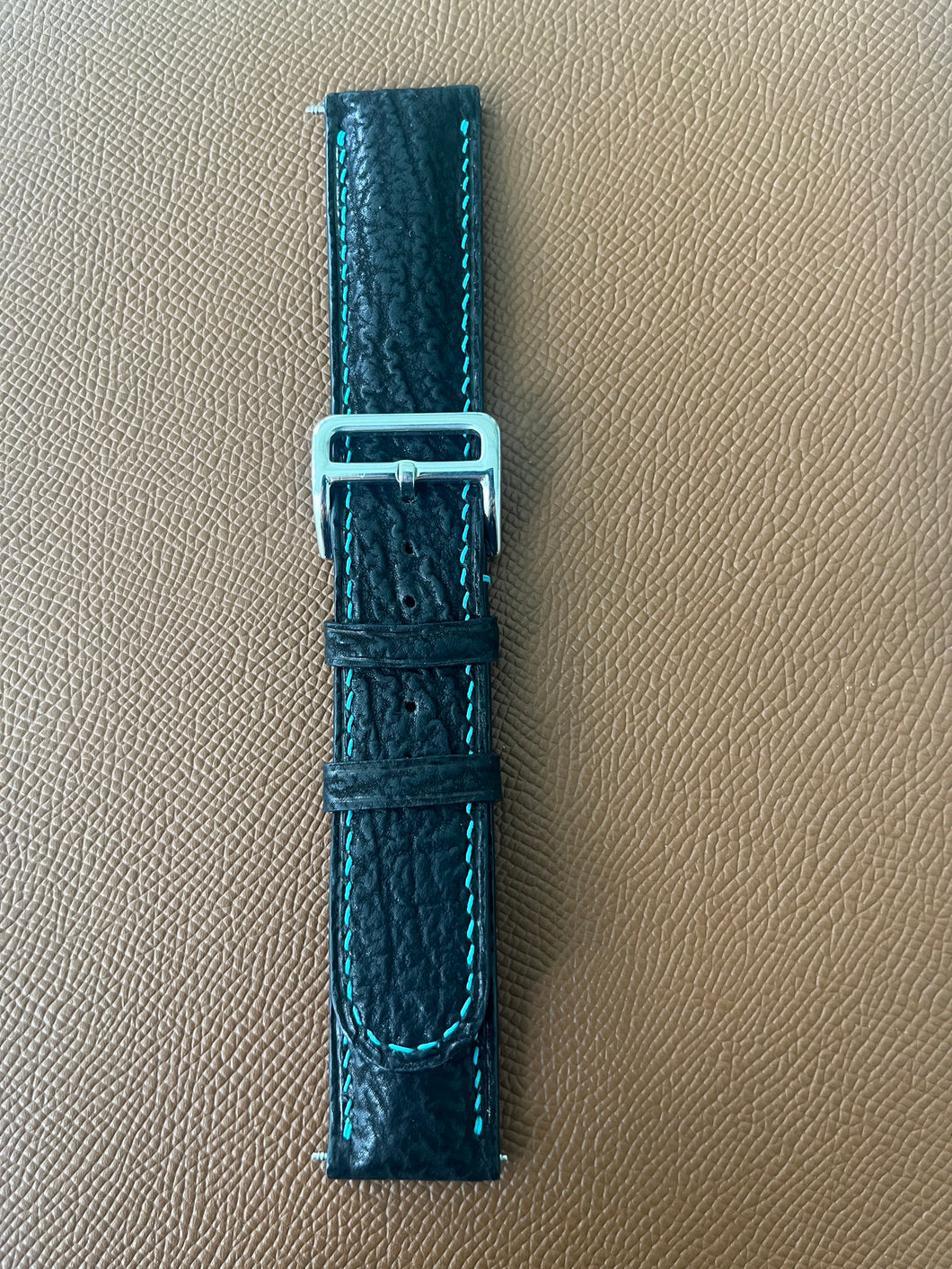 Shark Skin Watch Straps - Black Leather - Blue stitch - 22mm