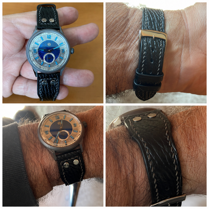 Four customer views of a Zelos Comet 39 fitted with a custom black sharkskin pilot watch strap by VGreen