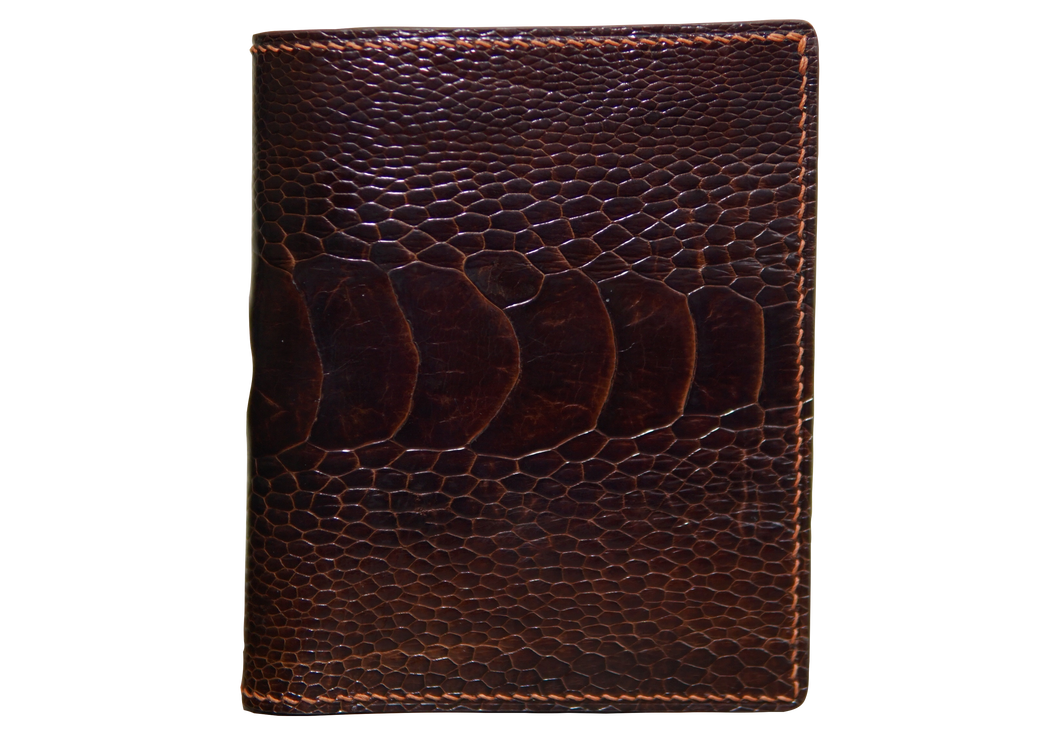 Vertical Bifold Leather Wallet - Dark Brown Ostrich Leg