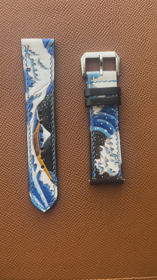 The Great Wave - Engraved Leather Watch Straps